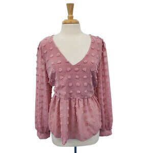 Plus Size 2XL Pink Swiss Dot Chiffon Babydoll Long Sleeve V-Neck Blouse